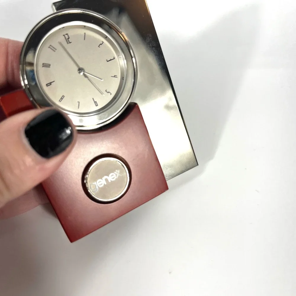 Vtg Genex Red Wood & Chrome Desk Clock Singapore Movement Silcon Electronics EUC